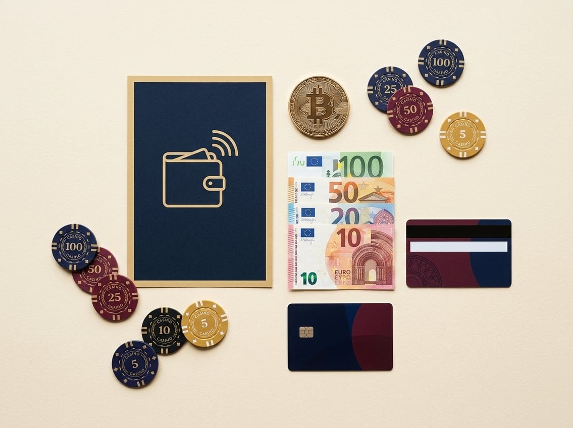 Symbolische Darstellung verschiedener Zahlungsmethoden — E-Wallet-Symbole, Kryptomünzen und Überweisungssymbole in navyblau und cremefarbenen Tönen